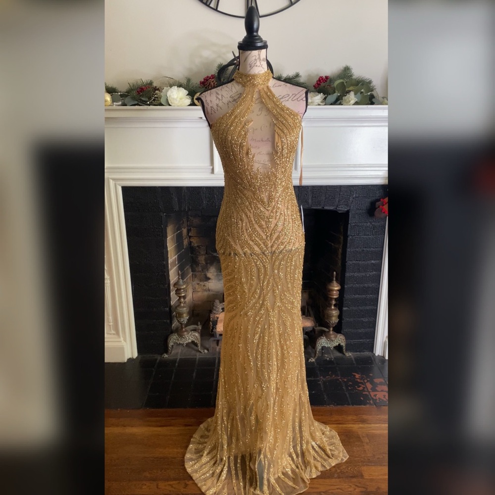 Heavily beaded gold prom dress, formal dress or pageant evening gown - Picture 3 of 7